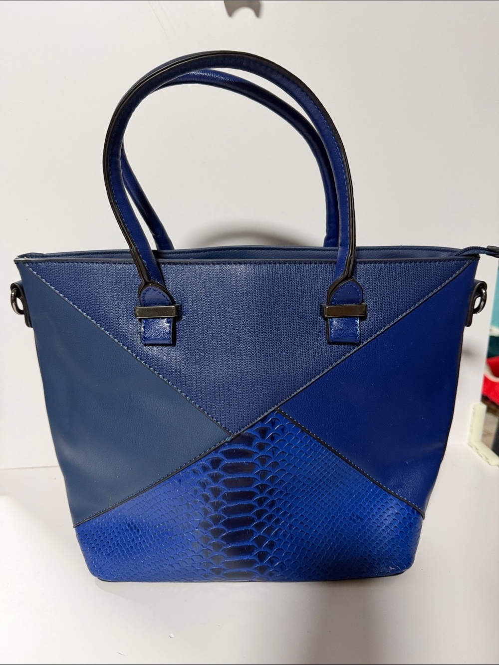 Elegant Blue Patchwork Tote Bag with Textured Panels